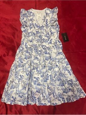 Taylor White Midi Dress with Blue Floral Print and Ruffle Shoulders